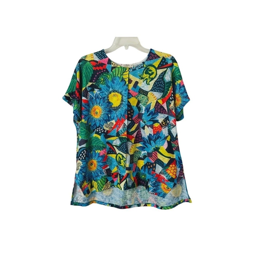 Jess & Jane Colorful Floral Graphic Short Sleeve Blouse Relaxed Fit Made In USA